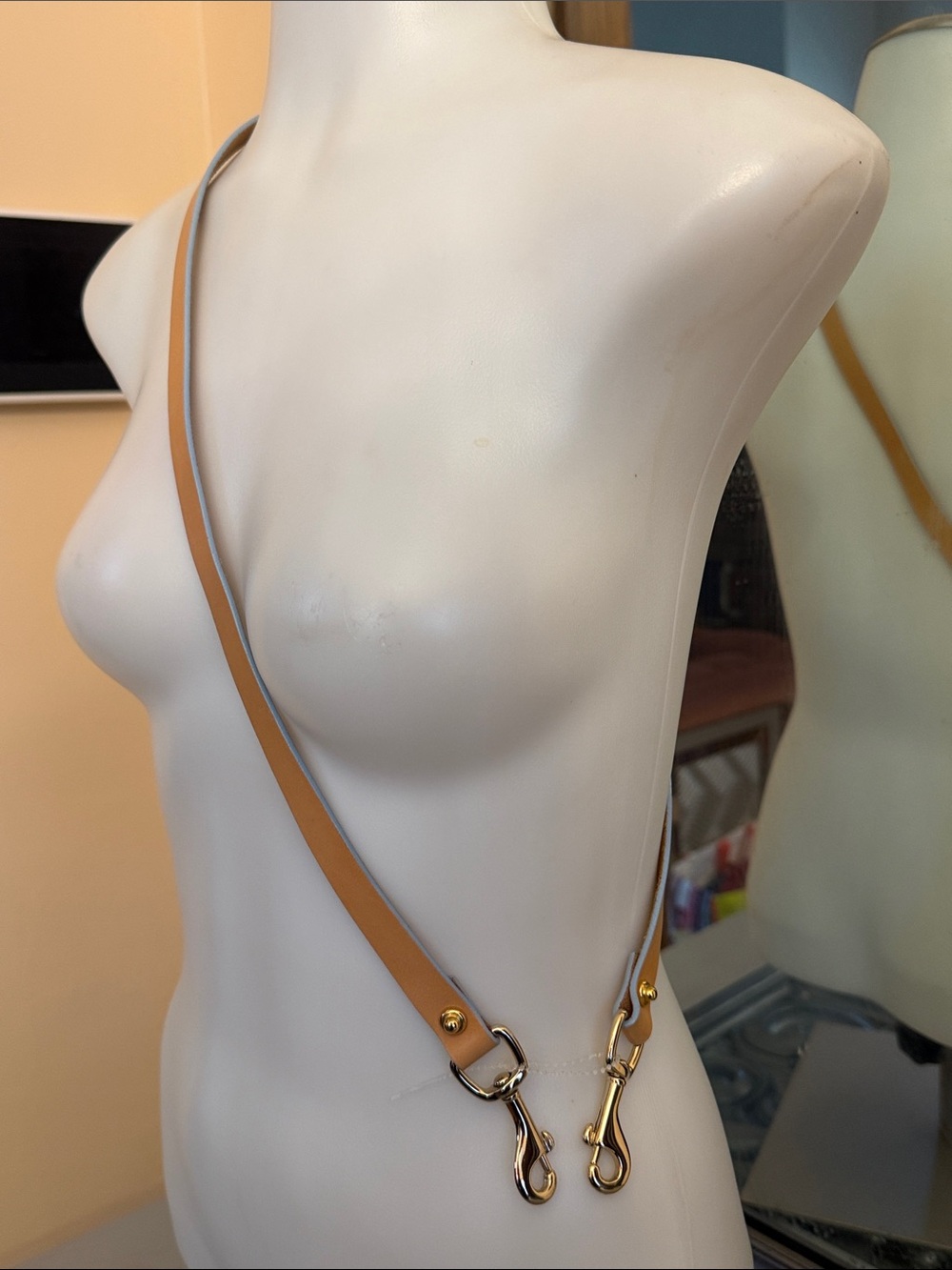Dooney & Bourke Tan Leather Crossbody Strap with Gold Hardware Blue Edges